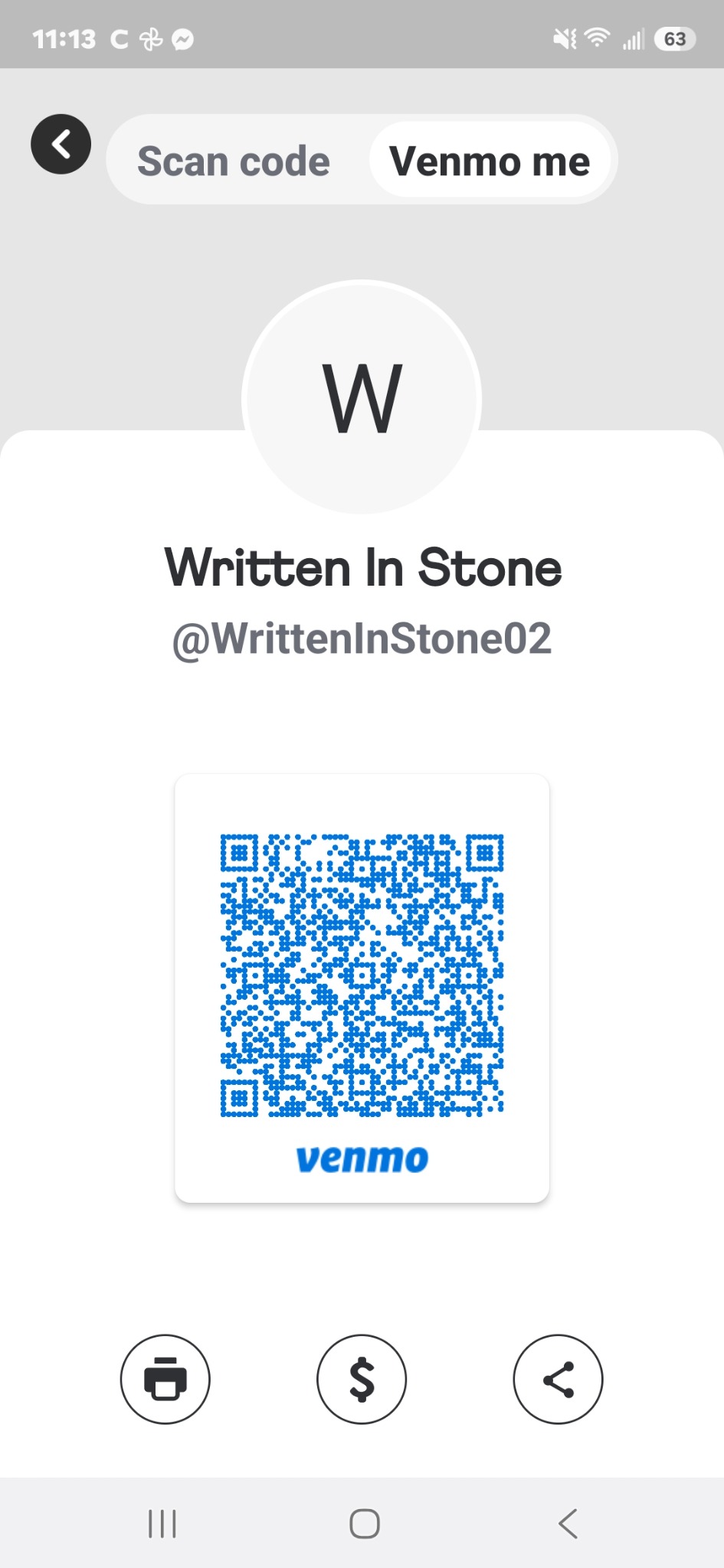 Venmo QR code for Written In Stone